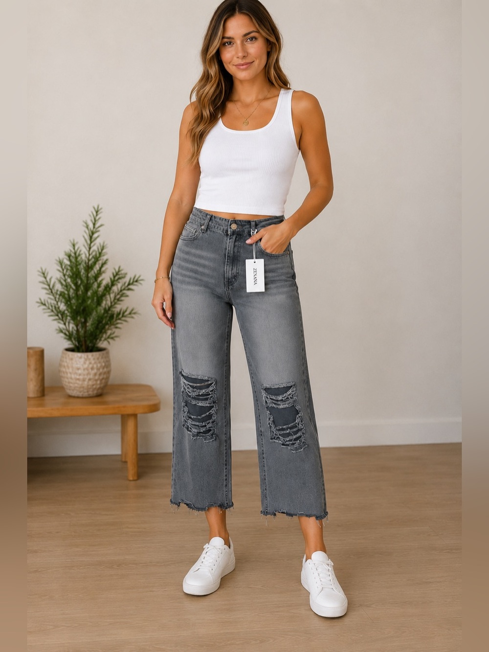 Zenana NWT Gray Distressed Cropped Wide Leg Jeans High Rise Raw Hem Size 30 - Picture 1 of 6